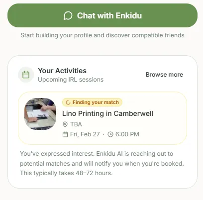 Activity cards with matching and booking features